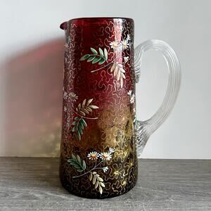 ANTIQUE Cranberry Amberina Thumbprint Floral ENAMEL MOSER BOHEMIAN PITCHER 8.75"